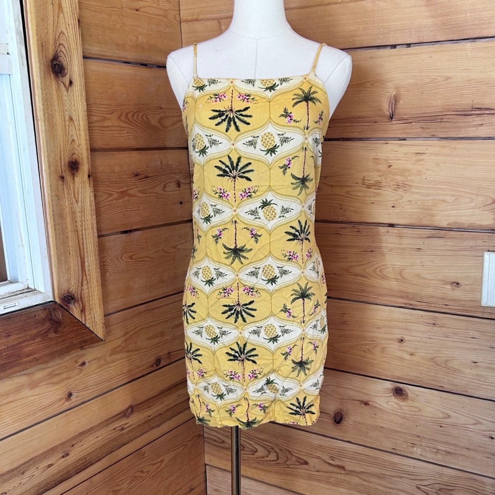 Tropical Pineapple Palm Tree Linen Blend Mini Dress Women Large Yellow Monteau